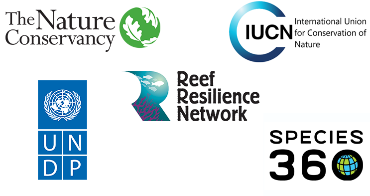 Logos of The Nature Conservancy, United Nations Development Programme, Species 360, International Union for Conservation of Nature, and Reef Resilience Network
